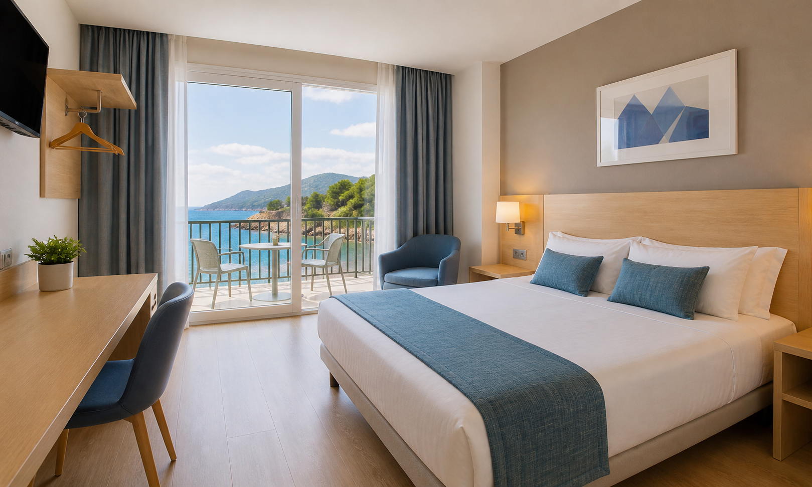 Modern budget hotel room with sea view balcony in Costa Blanca