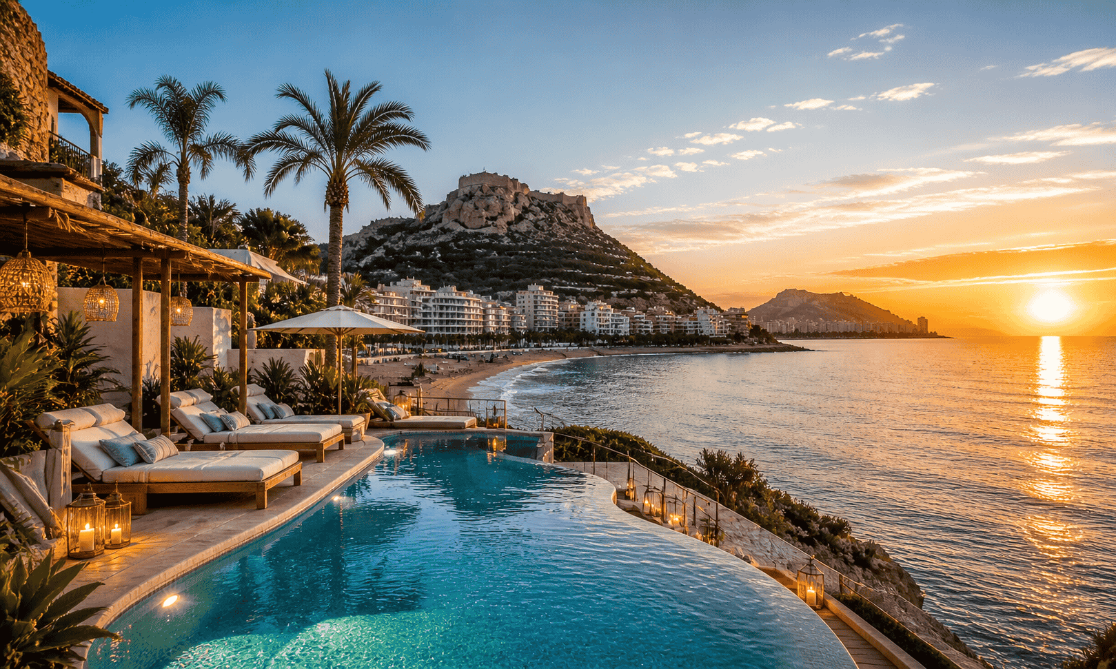 Luxury infinity pool overlooking Alicante beach and coastline at sunset