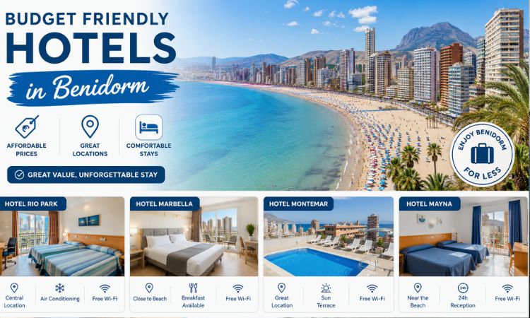 Affordable hotel accommodation in Benidorm featuring a rooftop swimming pool with panoramic Mediterranean coastline views, modern guest rooms, bright dining facilities, a stylish outdoor terrace, and contemporary hotel architecture near the beach and city center.